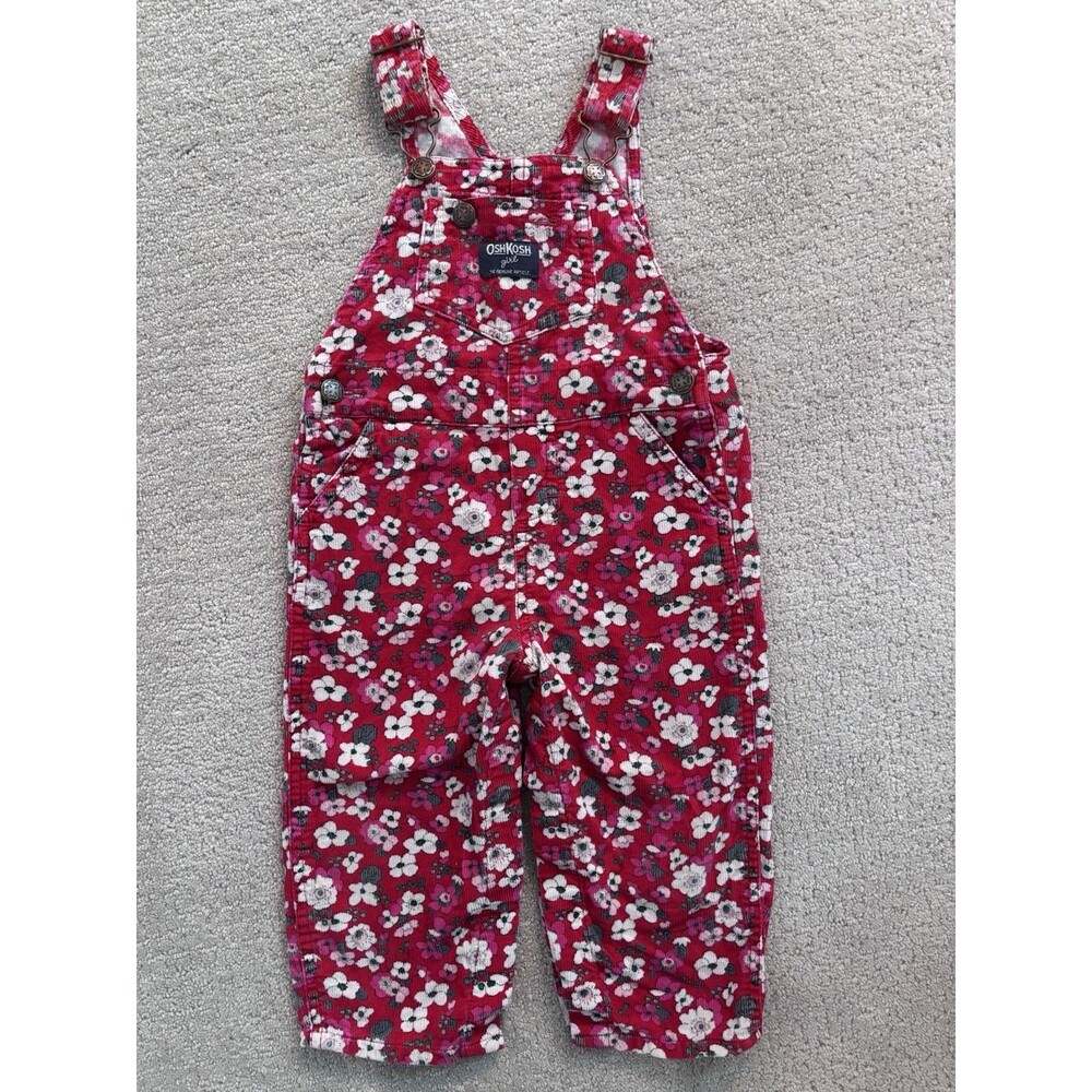 Oshkosh B’Gosh Vestbak Girl’s Red Corduroy Floral Overalls Size 18 Months